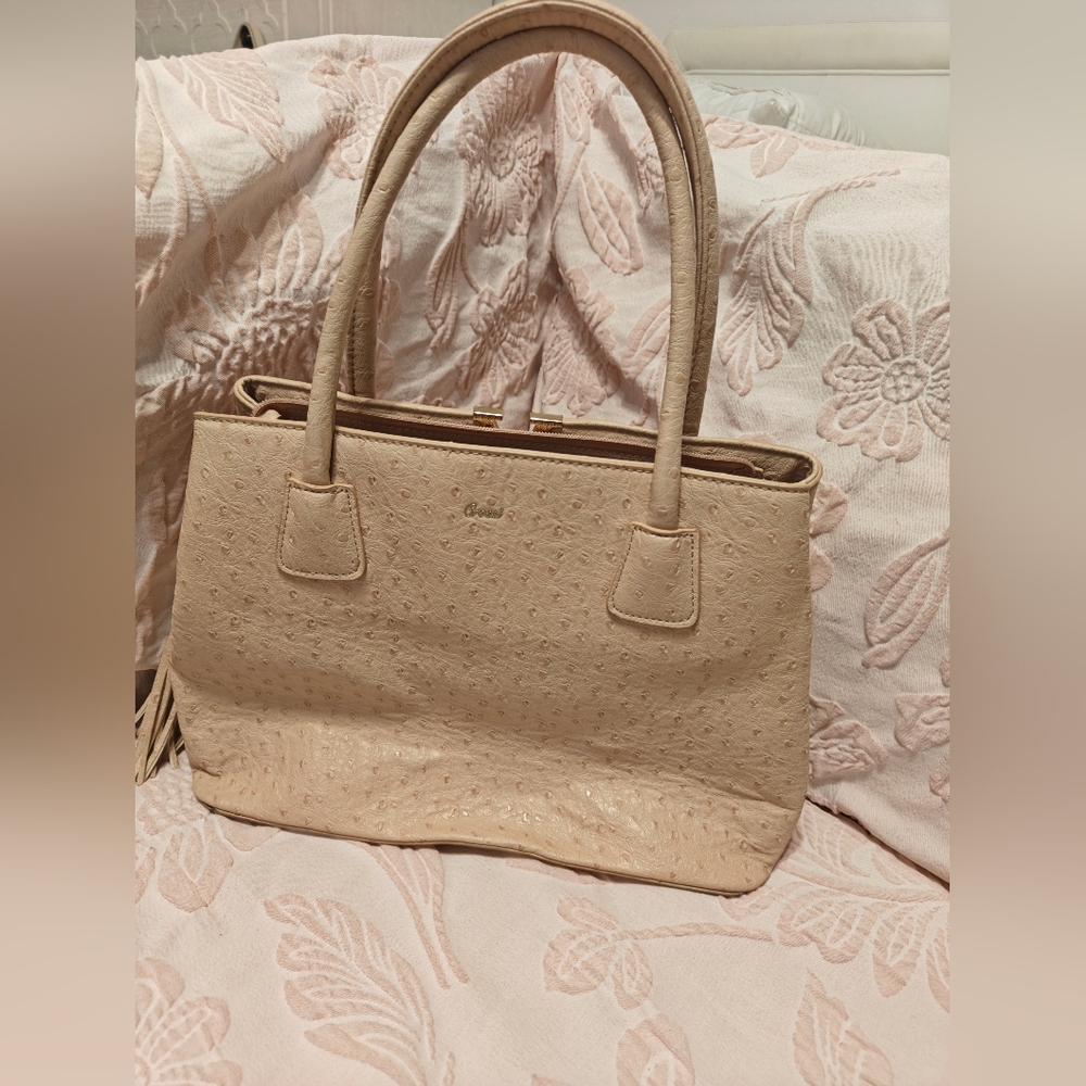 Chic Beige Ostrich-Embossed Handbag